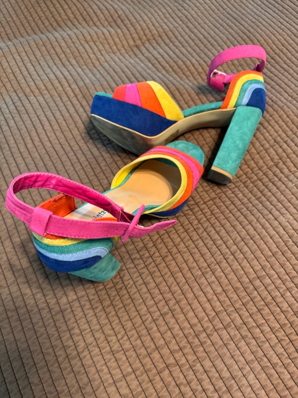 Unique Vintage Rainbow Suede Platform Heels with Pink Ankle Strap